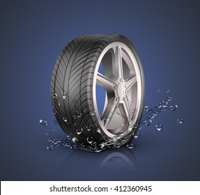 Car wheel with splashing water in motion blur on black background .Vector illustration EPS10