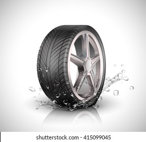 Car wheel with splashing water in motion blur on white background .Vector illustration EPS10