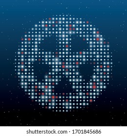 A car wheel symbol filled with white dots. Some dots is red. Vector illustration on blue background with stars