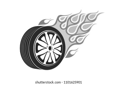 Car wheel with a tail of flame.