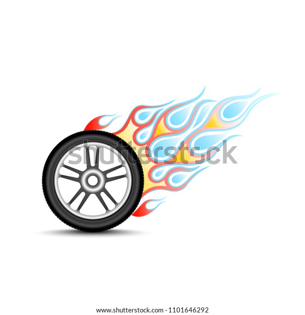 Car wheel with a tail of\
flame.