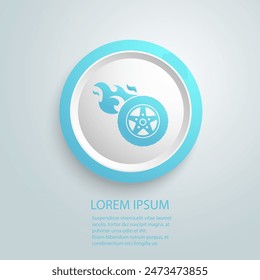 Car wheel and tire with flames blue icon vector sign