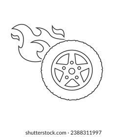 Car wheel and tire with flames line icon vector sign