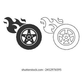 Car wheel and tire with flames line icon set vector sign