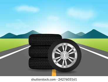 Car Wheel or Car Tire on the Road. Vector Illustration. 