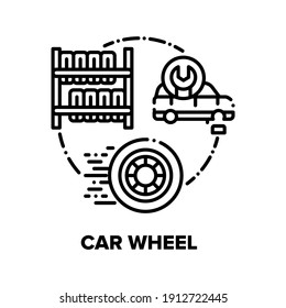 Car Wheel Tire Vector Icon Concept. Automobile Wheel Repair Service And Store Warehouse. Transport Detail Changing, Protector Examining And Fixing In Servicing Garage Black Illustration