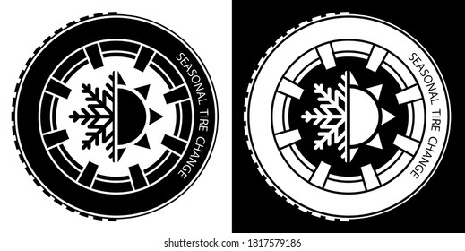 car wheel with a tire with winter and summer tread. Winter and summer tires for cars. Driving safety. Vector in flat style