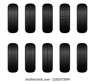 Car wheel tires of different tread marks types set isolated on white background. Rubber tires for summer and winter season front view. Vulcanization and tire fitting concept. Vector illustration