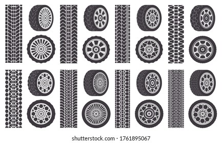 Neumáticos para ruedas de auto. Rastreo de pistas, llantas de ruedas para automóviles, pistas de tracción para vehículos automotores. Neumáticos de rueda de caucho aislados conjunto de ilustración de símbolos aislados. Neumático de silueta de goma, impresión de transporte rápido