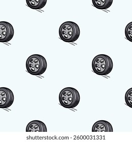 Car wheel. Vector hand drawn seamless pattern. Doodle illustration for wrapping paper, print, textile