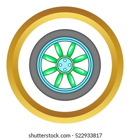 Car wheel vector icon in golden circle, cartoon style isolated on white background