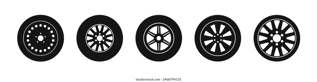 Car wheel vector icons. Automobile wheels black flat icon set.