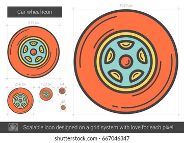 Icono de línea vectorial de la rueda del automóvil aislado en fondo blanco. Icono de la línea de la rueda del coche para infografía, sitio web o aplicación. Icono escalable diseñado en un sistema de cuadrícula.
