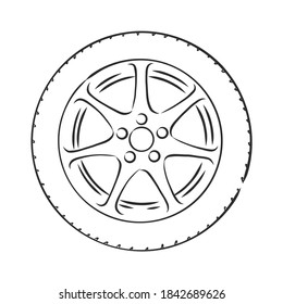 Car wheel vector sketch icon isolated on background. Hand drawn car wheel, vector sketch illustration