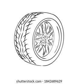 Car wheel vector sketch icon isolated on background. Hand drawn car wheel, vector sketch illustration