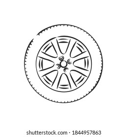 Icono de esbozo del vector de la rueda del automóvil aislado en el fondo. Rueda de coche dibujada a mano, ilustración de esbozo vectorial