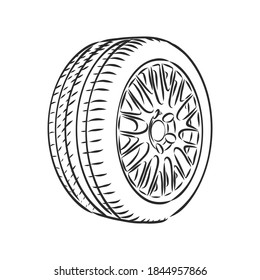 Car wheel vector sketch icon isolated on background. Hand drawn car wheel, vector sketch illustration