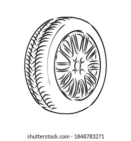 Icono de esbozo del vector de la rueda del automóvil aislado en el fondo. Icono de rueda del coche dibujado a mano. Esbozo de la rueda del coche. ilustración de esbozo del vector de la rueda del coche