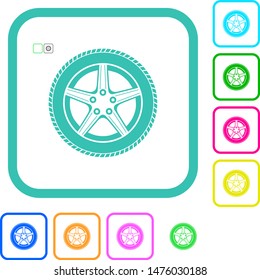 Car wheel vivid colored flat icons in curved borders on white background