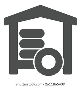 Car wheel waste house solid icon, tires fitting concept. Vector graphics. Small storage for used tire, car service sign on white background, glyph style icon for mobile or web design