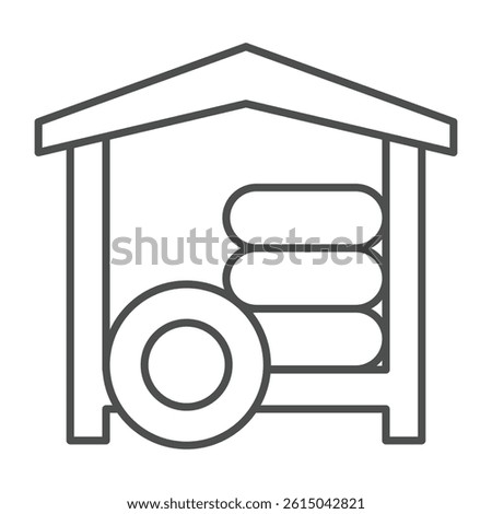 Car wheel waste house thin line icon, tires fitting concept. Vector graphics. Small storage for used tire, car service sign on white background, outline style icon for mobile or web design