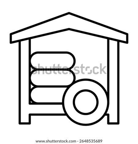 Car wheel waste house thin line icon, tires fitting concept. Vector graphics. Small storage for used tire, car service sign on white background, style mobile or design
