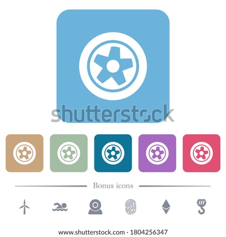 Car wheel white flat icons on color rounded square backgrounds. 6 bonus icons included