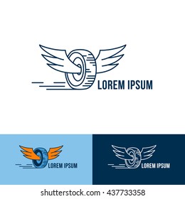 Car wheel with wings logo. Vector logo design. Three color choices.