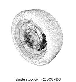 Car wheel wireframe from black lines isolated on white background. 3D. Vector illustration