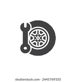 Car wheel and wrench vector icon. filled flat sign for mobile concept and web design. Tire Repair service glyph icon. Car service symbol, logo illustration. Vector graphics