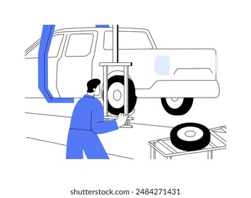 Car wheels assembly abstract concept vector illustration. Factory worker installing car wheels, automotive industry, car manufacturing process, production line, assembly shop abstract metaphor.