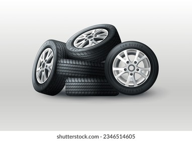 Car wheels. Automobile service. Rubber tires. Vehicle mechanic tools. Protectors change. Race and repair inspection. Spare for auto. Highway workshop garage. Vector exact realistic set