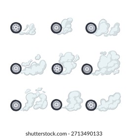 Automobil-Räder, die verschiedene Rauchspuren erzeugen, die Geschwindigkeits-, Burnout- oder Drifteffekte darstellen, ideal für Animationssprites, Spielelemente oder Bewegungsgrafikelemente