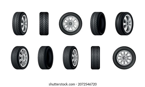 Car wheels with different protector tread patterns realistic monochrome set isolated on white background vector illustration