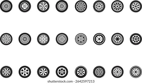 Car Wheels Icons Set. Rims, Tires, Auto Parts, Vehicle Accessories Vector Illustration on White Background	