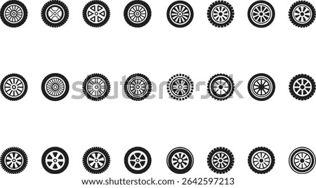 Car Wheels Icons Set. Rims, Tires, Auto Parts, Vehicle Accessories Vector Illustration on White Background	