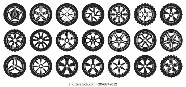 Icono de conjunto negro aislado con ruedas de auto. Ilustración vectorial neumático del vehículo sobre fondo blanco.conjunto negro vectorial icono ruedas del coche .