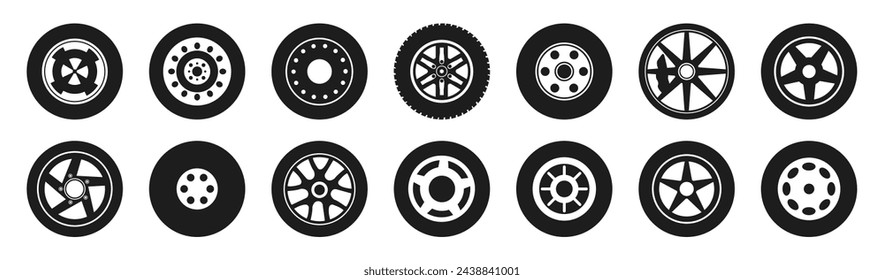 Car wheels isolated black set icon. Automobile tire silhouettes racing vehicle wheels vector pictures