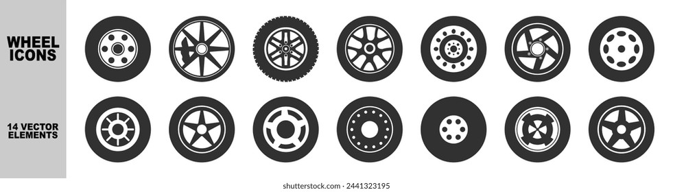 Ruedas de coche aislado negro set icono. Siluetas de neumáticos de automóvil racing vehículo ruedas vector imágenes