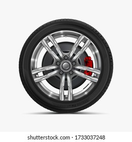 Car wheels isolated on a white background. Automotive tire on gray light alloy disc with soft shadow. Red brake.  3D icon. Car summer wheel. Black rubber tire. Realistic detailed tire design.