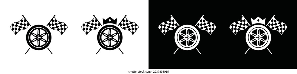 Car wheels rims with cross racing flag icon logo vector. Vehicle wheels with race flag logo. Racing car tournament with crown, symbol logo illustration