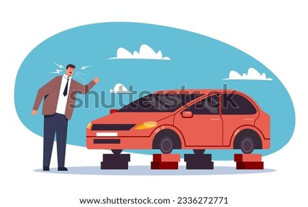 Car wheels robbery stole abstract concept. Vector graphic design illustration