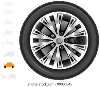 Car wheels. The series of the detailed wheels of the different vehicles: passenger cars, light trucks, vans, tractors.