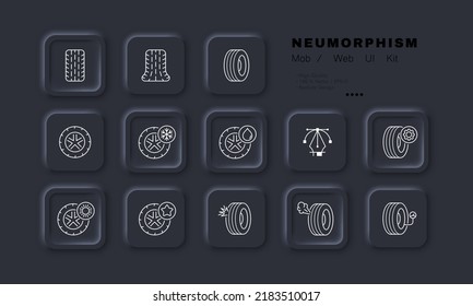 Car Wheels Service Set Icon. Tire, Winter And Summer Tires, Snowflake, Water Drop, Gear, Star, Punch A Wheel, Pressure, Pump Up. Technology Concept. Neomorphism Style. Vector Line Icon For Business.