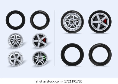 Car wheels set. Different wheels on land transport. Realistic shining disk car wheel tyre set isolated vector illustration. Various alloy wheels set. Rims vector collection.