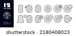 Car wheels set icon. Winter and summer tires, punch a wheel, repair, fix, gear, star, snowflake, sun, water drop, tire pressure, pump up. Car service concept. Vector line icon for Business.