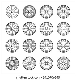 Car wheels set line icons - Vector isolated on black