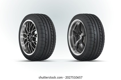 Car wheels set. New tires pile isolated on white. Wheel car. Car tire. Aluminum wheels isolated on white background. Group of 2 tires.