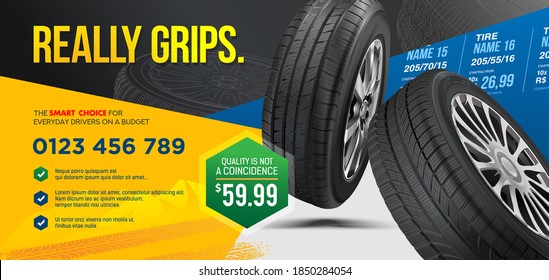 Car wheels set. Poster design. Aluminum wheel. Banner. Promo. Information. Store. Action. Wheel. Black rubber. Realistic vector shining disk car wheel tire. Change a car tires from summer for winter.