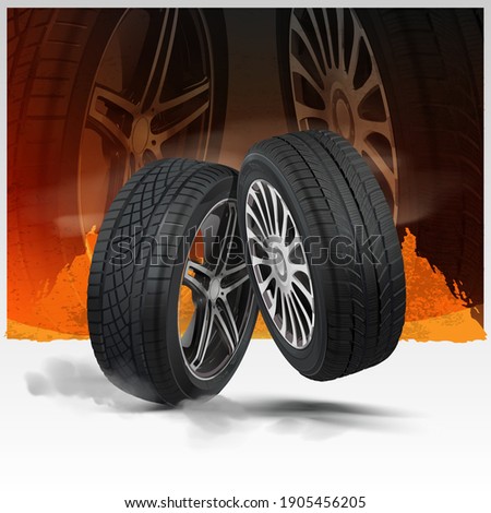 Car wheels set. Poster design. Aluminum wheel. Banner. Promo. Information. Store. Action. Wheel. Black rubber. Realistic vector shining disk car wheel tire. Change a car tires from summer for winter.